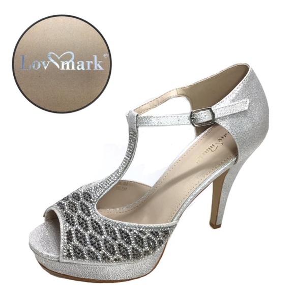 Lov Mark Silver Mesh T-Strap Heeled Sandal - Picture 1 of 12